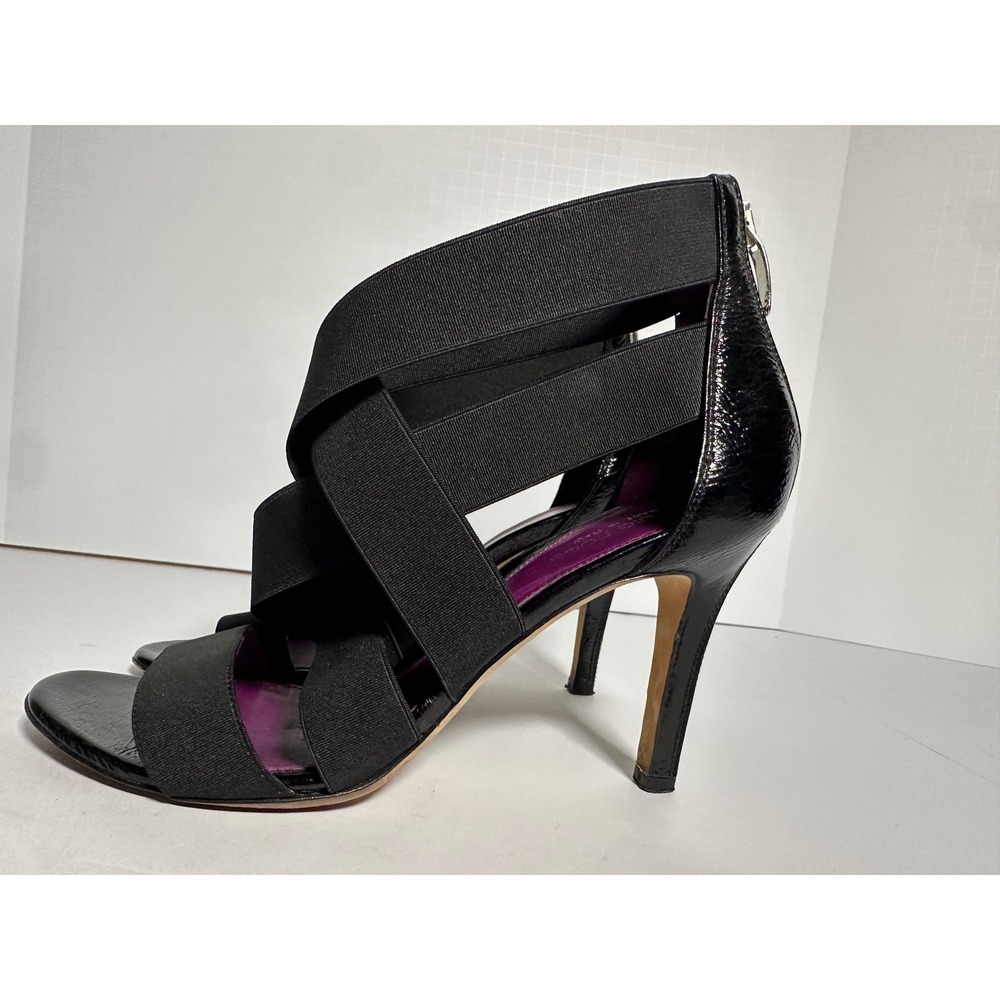 Sergio Rossi Black Elastic Cage Sandals Patent Leather Heels Purple Insole 7/7.5 - Picture 5 of 7